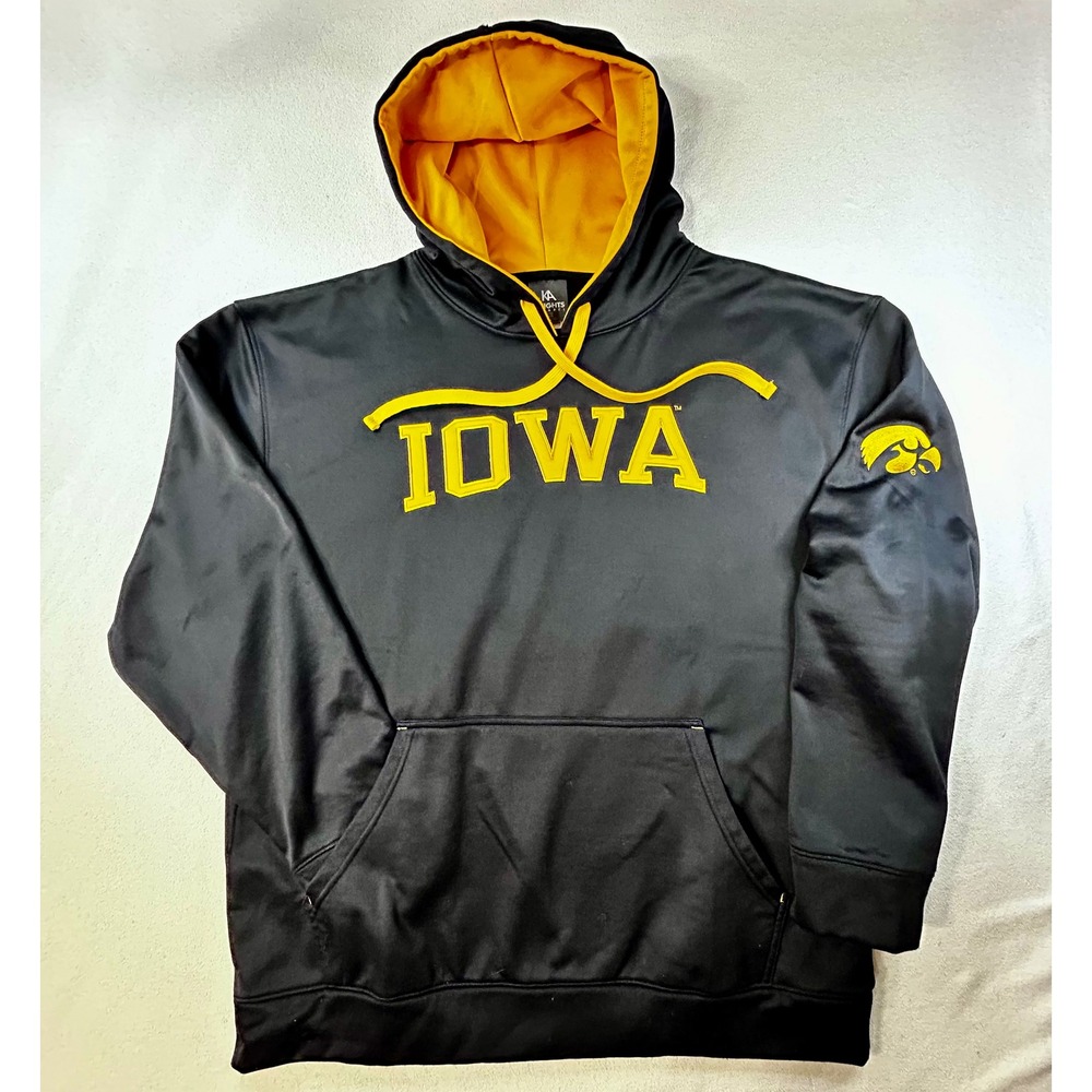 IOWA HAWKEYES Tigerhawk Hoodie Mens XL Black Gold Contrast Hood Lining AppliquΓ©